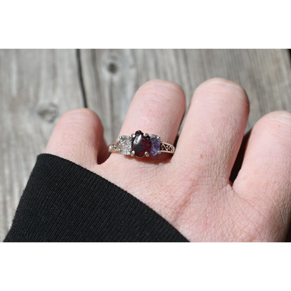 Raw Garnet Engagement Ring, Rough Diamond Wedding Band, Unique Sterling Silver P